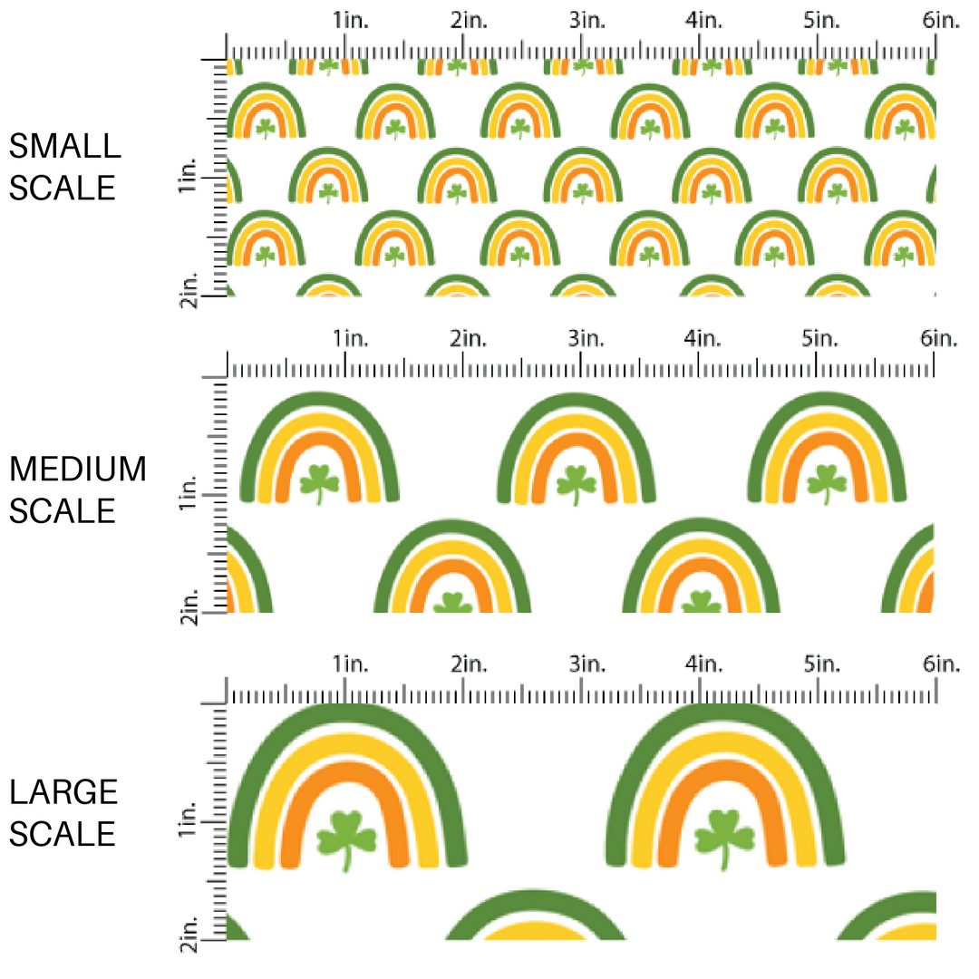 Green, Yellow, and Orange Rainbows and Clovers on White Fabric by the Yard.