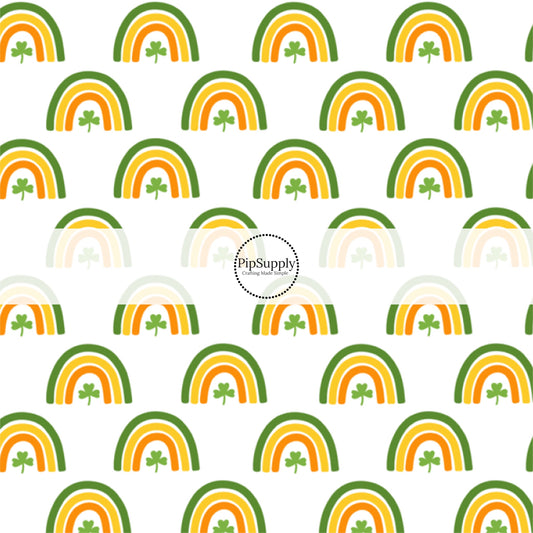 Green, Yellow, and Orange Rainbows and Clovers on White Fabric by the Yard.