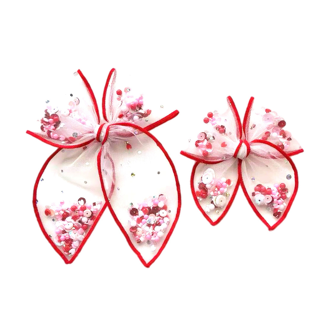 Sparkle Red Valentine Tulle Shaker Hair Tied Bow w/ Clip