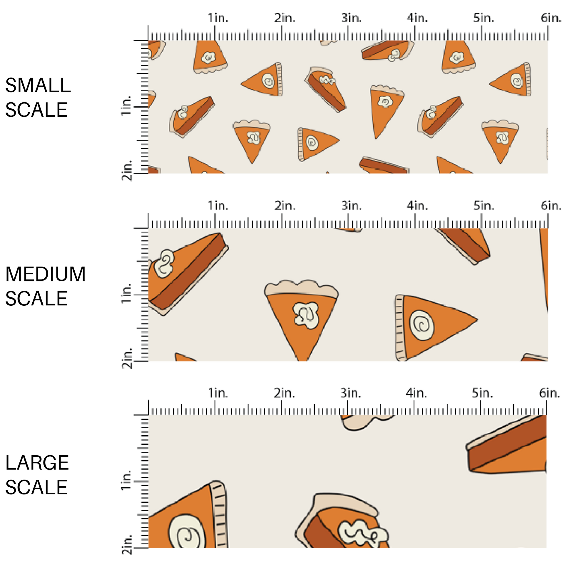 This scale chart of small scale, medium scale, and large scale of these fall pumpkin themed cream fabric by the yard features pumpkin pie slices on cream. This fun fall themed fabric can be used for all your sewing and crafting needs! 