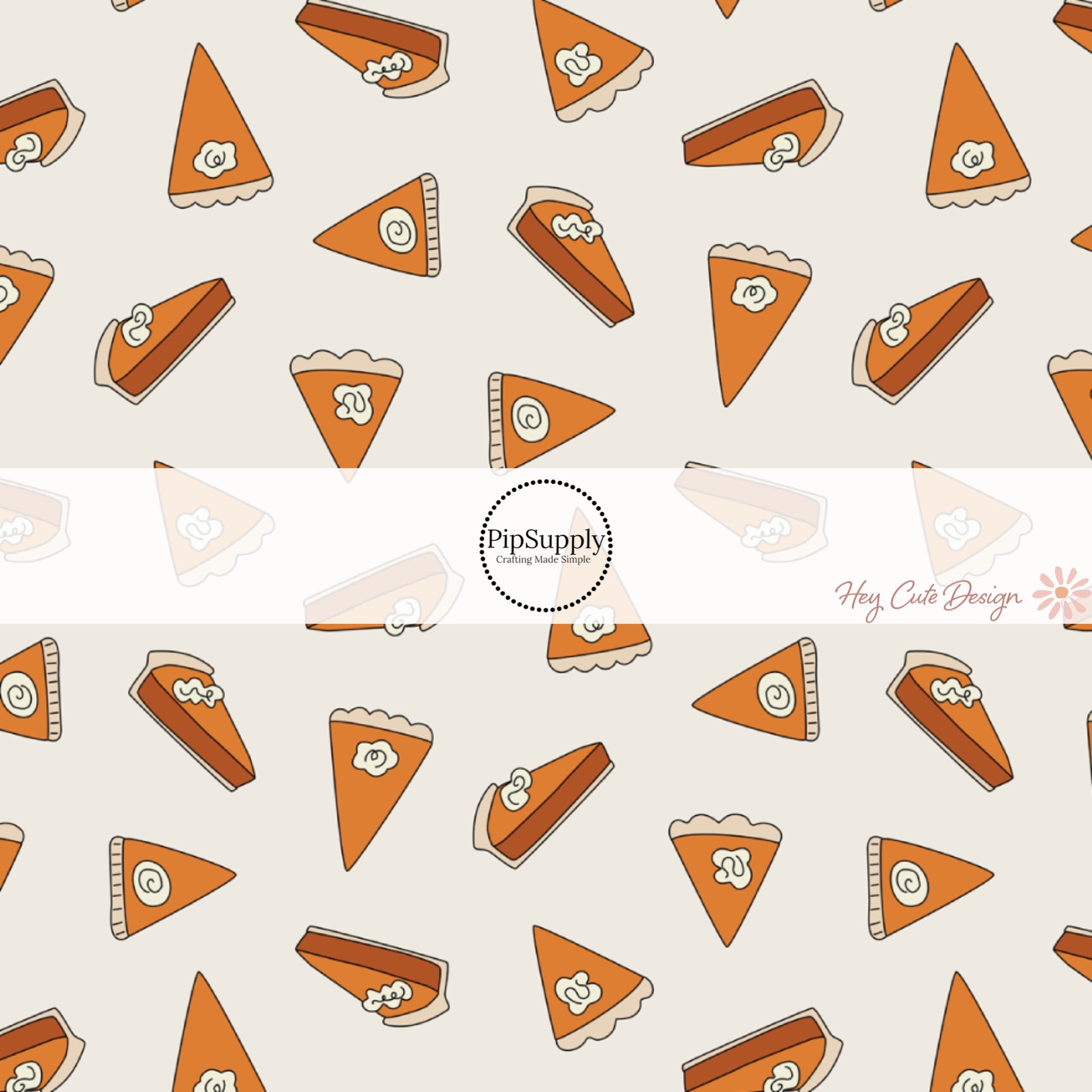 These fall pumpkin themed cream fabric by the yard features pumpkin pie slices on cream. This fun fall themed fabric can be used for all your sewing and crafting needs! 