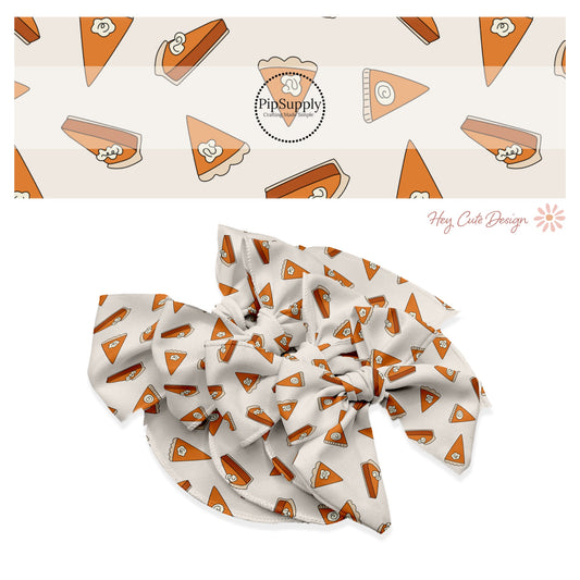 These fall pumpkin themed cream no sew bow strips can be easily tied and attached to a clip for a finished hair bow. These fun fall bow strips are great for personal use or to sell. The bow strips features pumpkin pie slices on cream. 