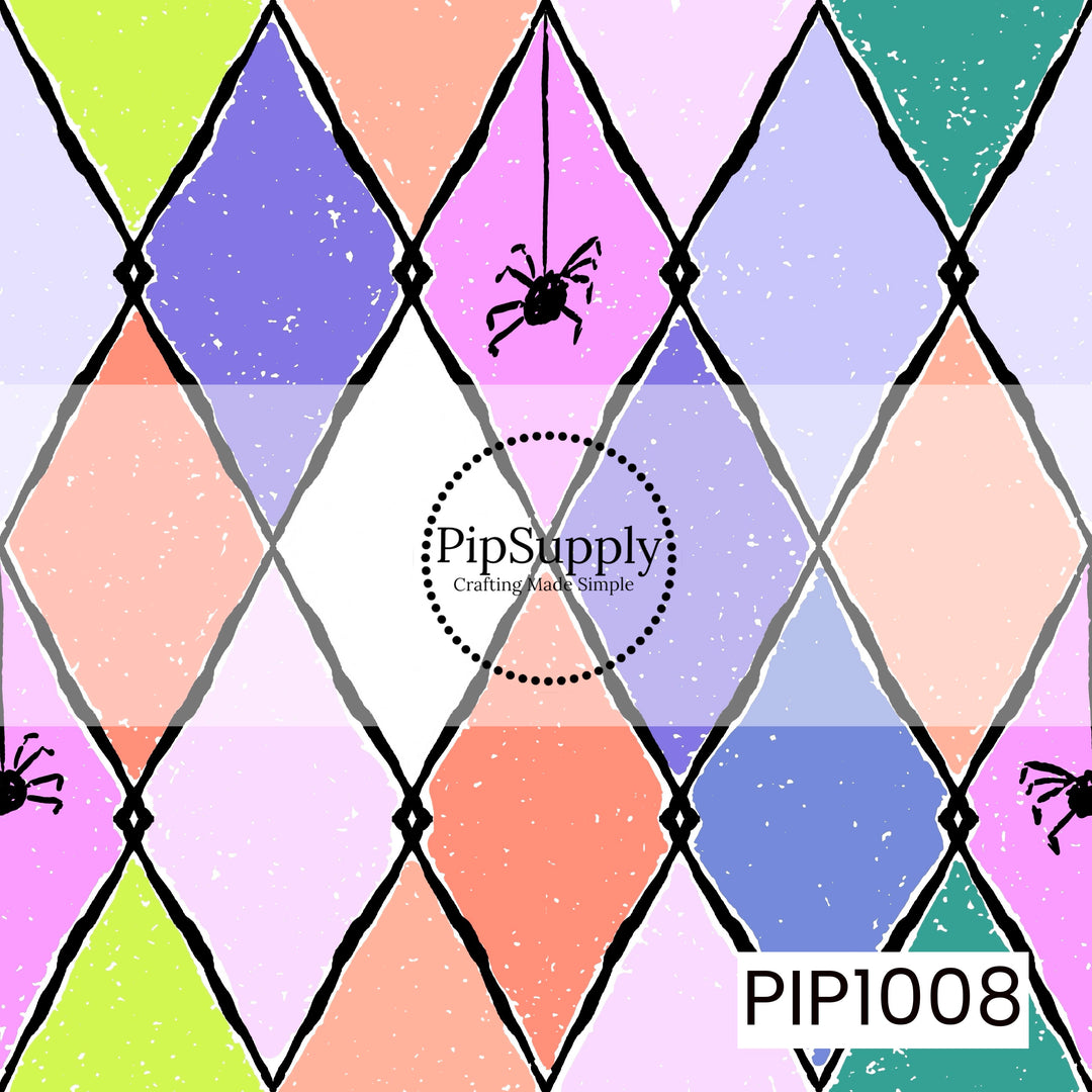 A playful Halloween seamless harlequin pattern featuring oversized diamond shapes in pastel lavender, periwinkle, coral, teal, lime, pink, and white, outlined with bold black lines and connected by decorative black accents. Tiny black spiders are scattered throughout the design, including one dangling from a thread, adding a whimsical spooky touch. A distressed speckled texture gives the pattern a vintage, hand-painted look while maintaining its fun retro Halloween charm.
