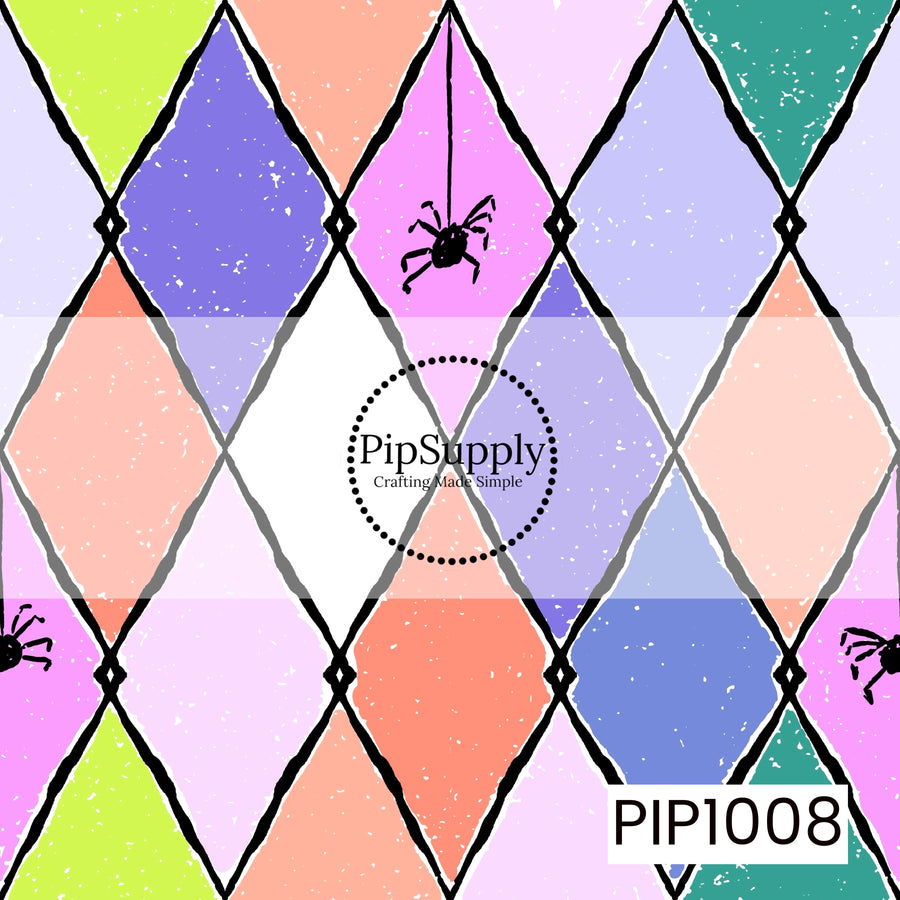 A playful Halloween seamless harlequin pattern featuring oversized diamond shapes in pastel lavender, periwinkle, coral, teal, lime, pink, and white, outlined with bold black lines and connected by decorative black accents. Tiny black spiders are scattered throughout the design, including one dangling from a thread, adding a whimsical spooky touch. A distressed speckled texture gives the pattern a vintage, hand-painted look while maintaining its fun retro Halloween charm.
