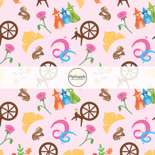 Light pink fabric by the yard with three fairies, spinning wheels, roses , and tiaras.