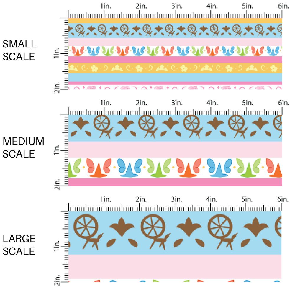 Light pink and blue princess striped fabric by the yard scaled image guide with spinning wheels, flowers, and fairies.