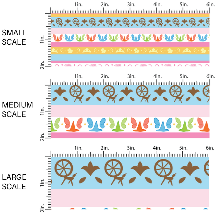 Light pink and blue princess striped fabric by the yard scaled image guide with spinning wheels, flowers, and fairies.