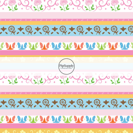 Light pink and blue princess striped fabric by the yard with spinning wheels, flowers, and fairies.