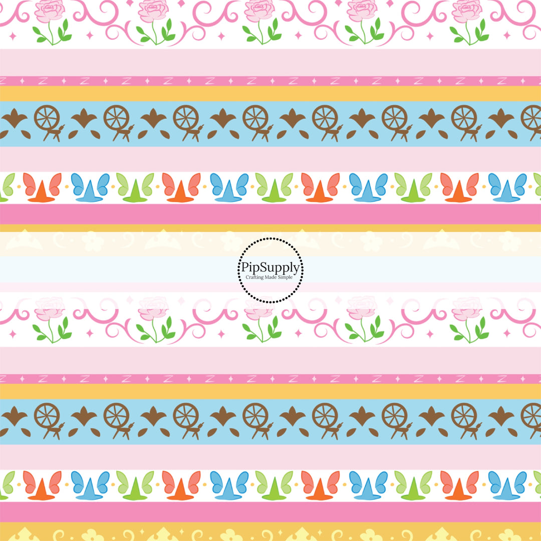 Light pink and blue princess striped fabric by the yard with spinning wheels, flowers, and fairies.