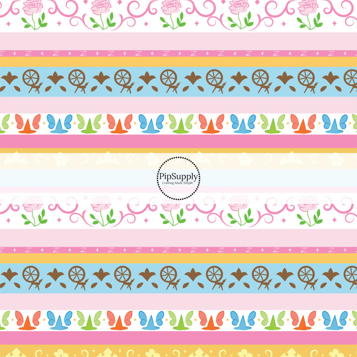 Light pink and blue princess striped fabric by the yard with spinning wheels, flowers, and fairies.