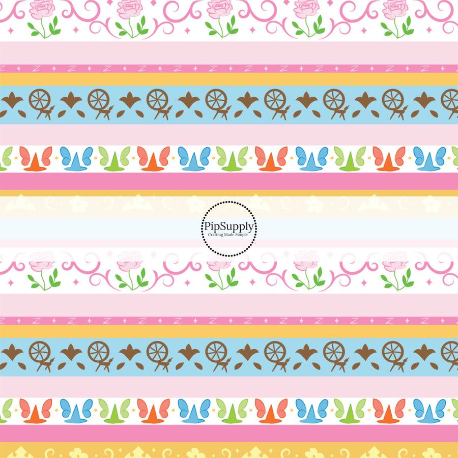 Light pink and blue princess striped fabric by the yard with spinning wheels, flowers, and fairies.