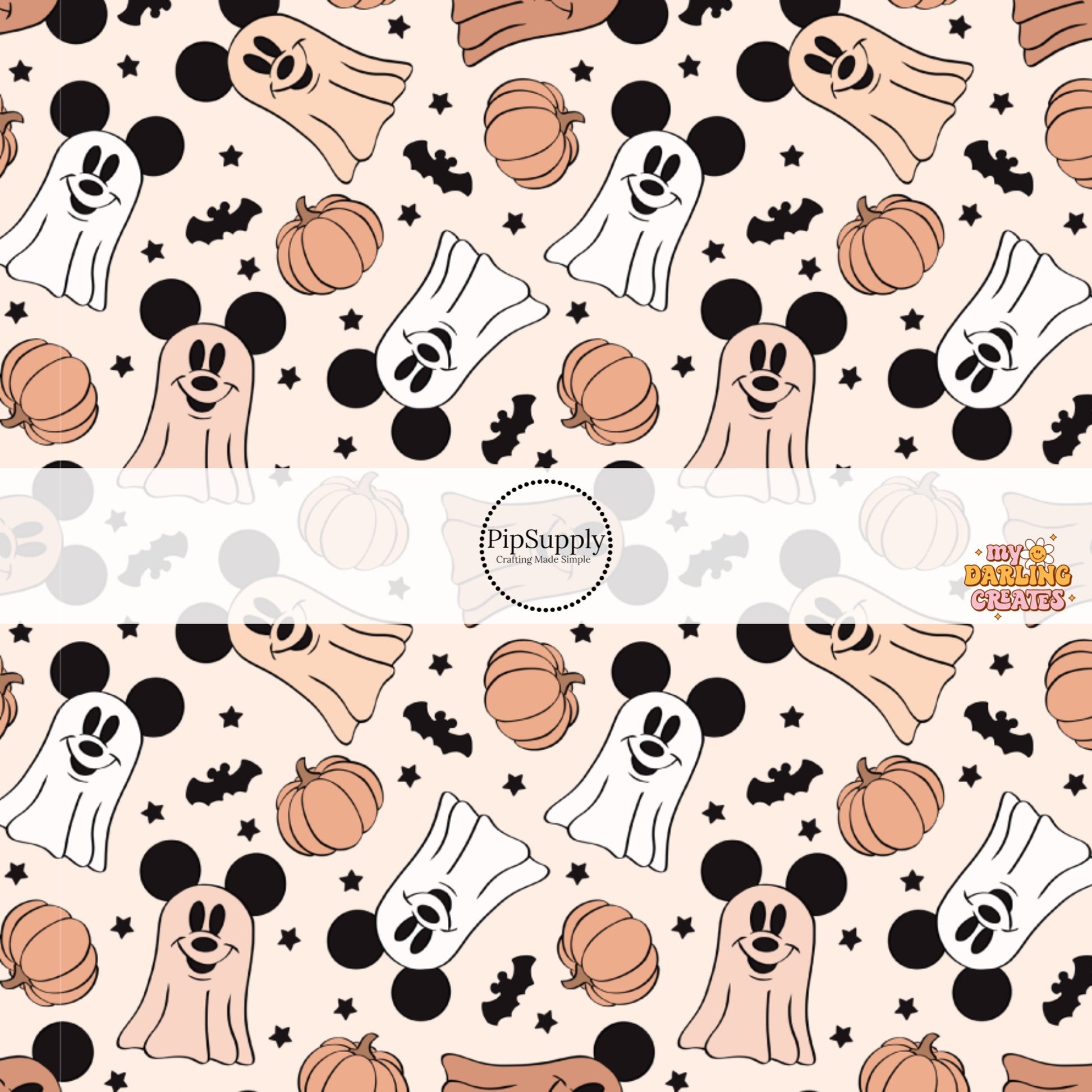 Cream fabric by the yard with mouse ear ghost, mouse ear bats, stars, and pumpkins.
