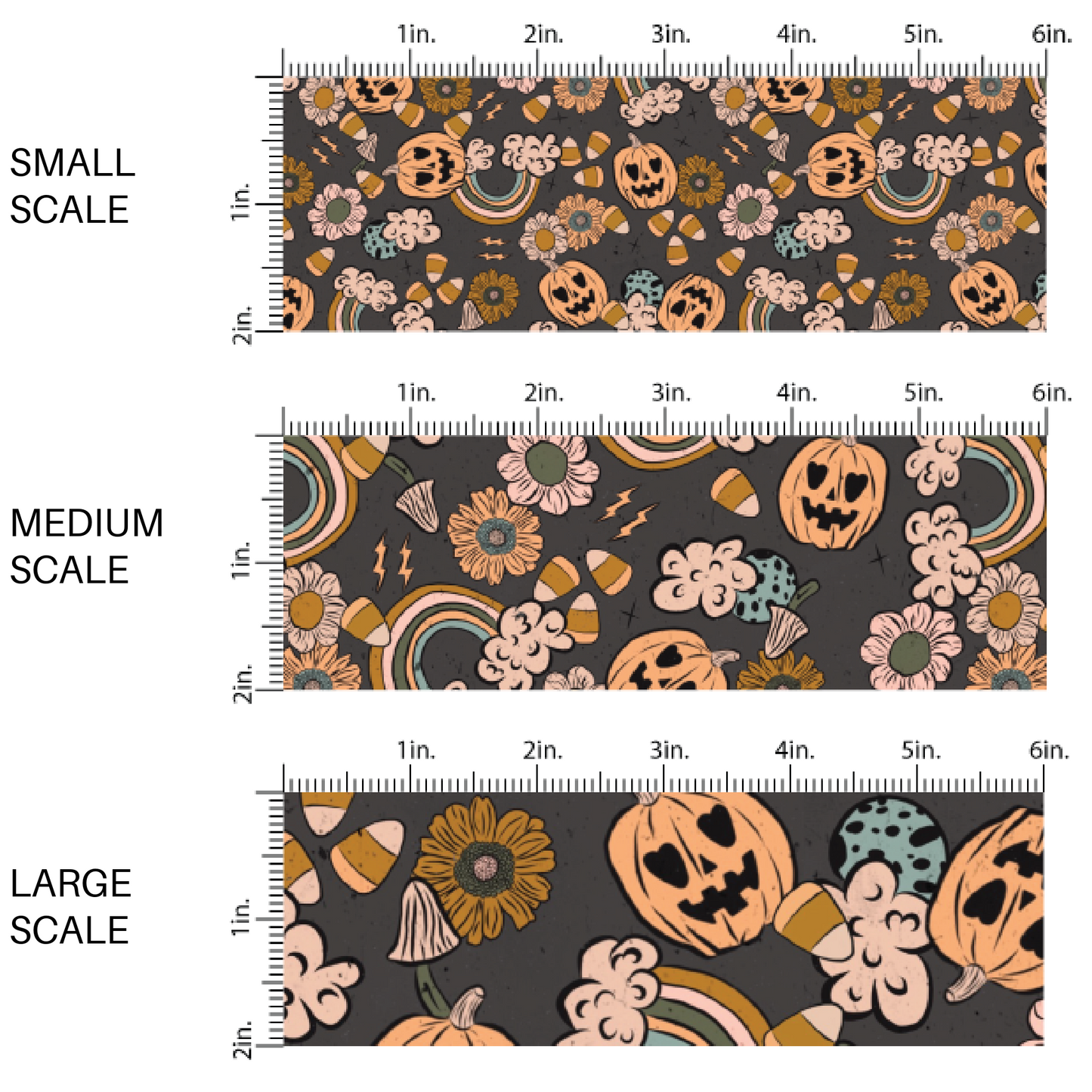 Rainbows, Jack-O-Lanterns, candies, and florals on black fabric by the yard scaled image guide.