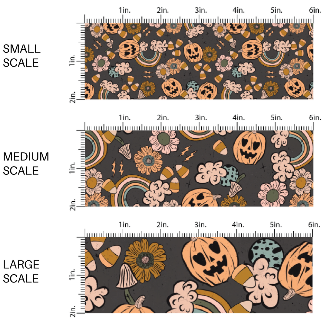 Rainbows, Jack-O-Lanterns, candies, and florals on black fabric by the yard scaled image guide.