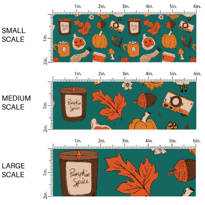 Teal fabric by the yard scaled image guide with fall and Halloween prints and designs such as film cameras, ghosts, scarves, leaves, books, and candles.