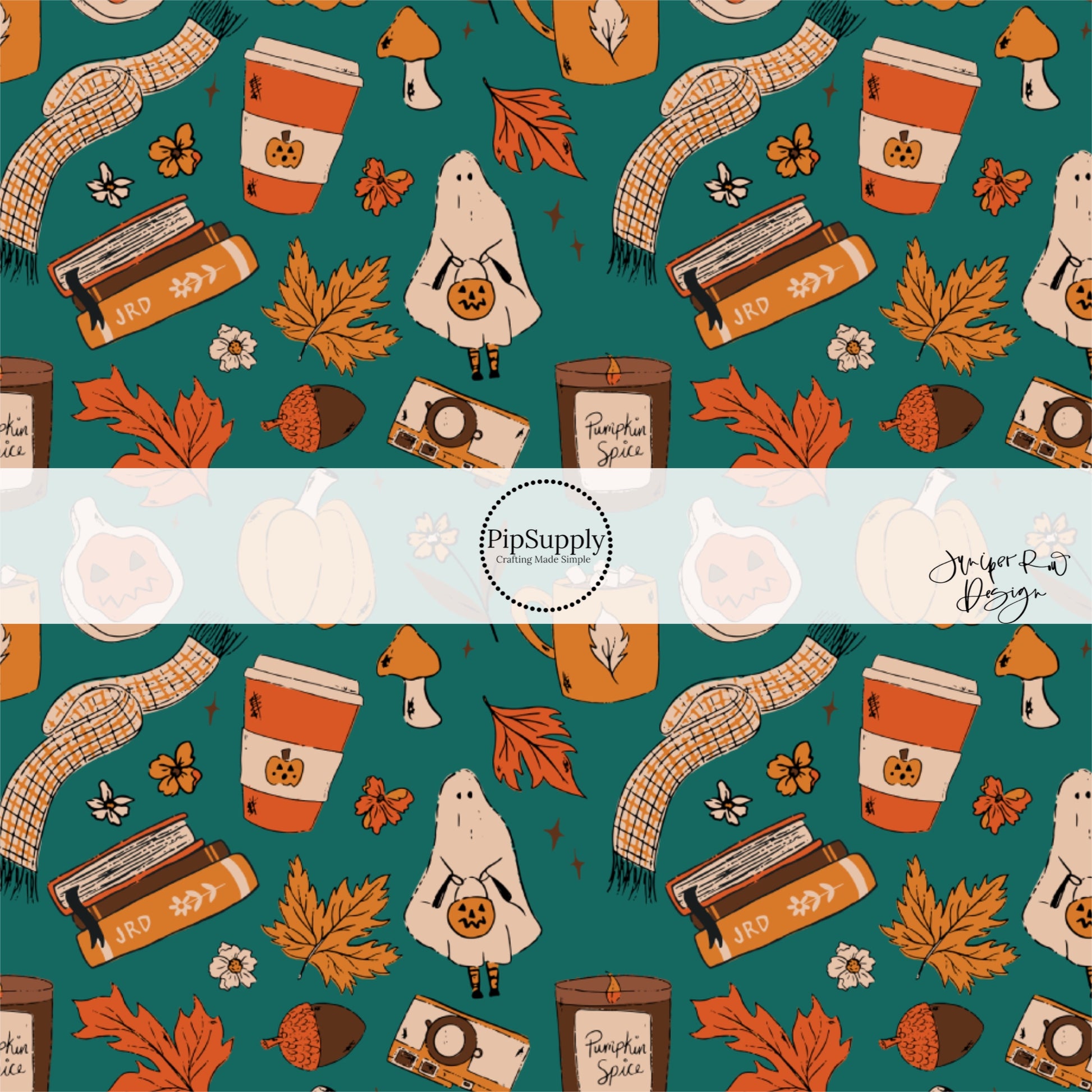 Teal fabric by the yard with fall and Halloween prints and designs such as film cameras, ghosts, scarves, leaves, books, and candles.