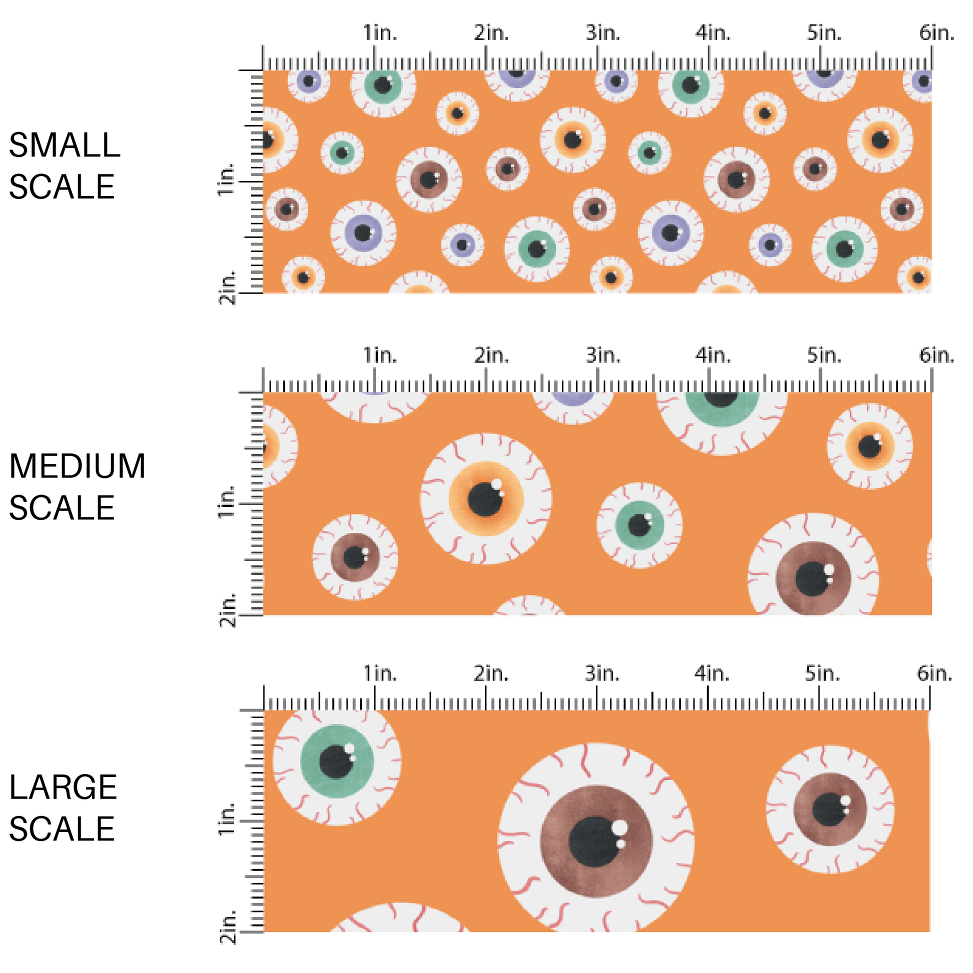 This scale chart of small scale, medium scale, and large scale of these Halloween themed fabric by the yard features eye balls on orange. This fun spooky themed fabric can be used for all your sewing and crafting needs!