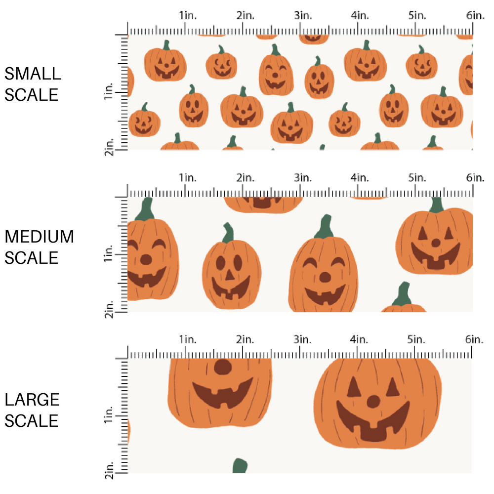 Cream fabric by the yard scaled image guide with orange smiling jack-o-lanterns.