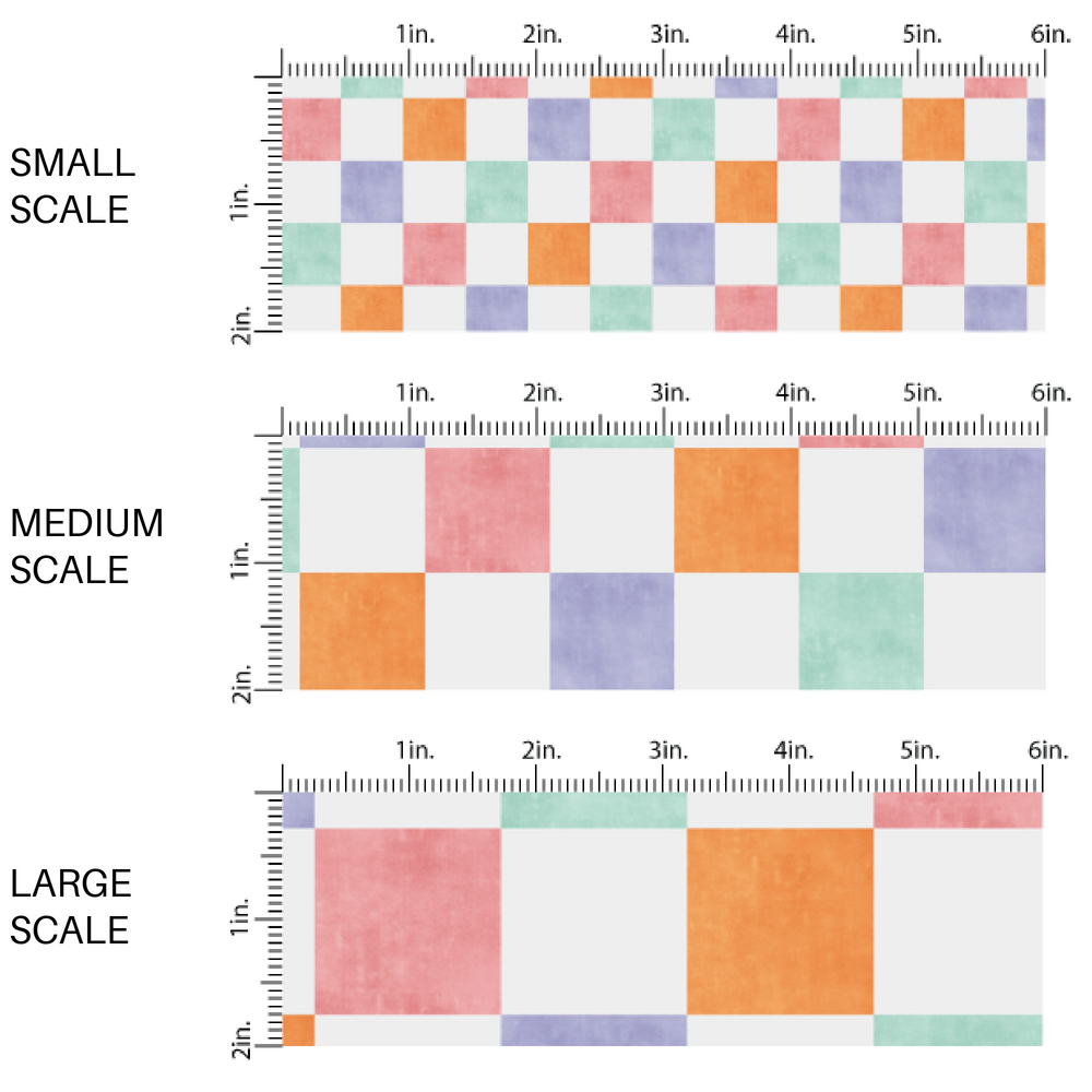 This scale chart of small scale, medium scale, and large scale of these Halloween themed fabric by the yard features cream, purple, pink, and aqua checkered pattern. This fun spooky themed fabric can be used for all your sewing and crafting needs!