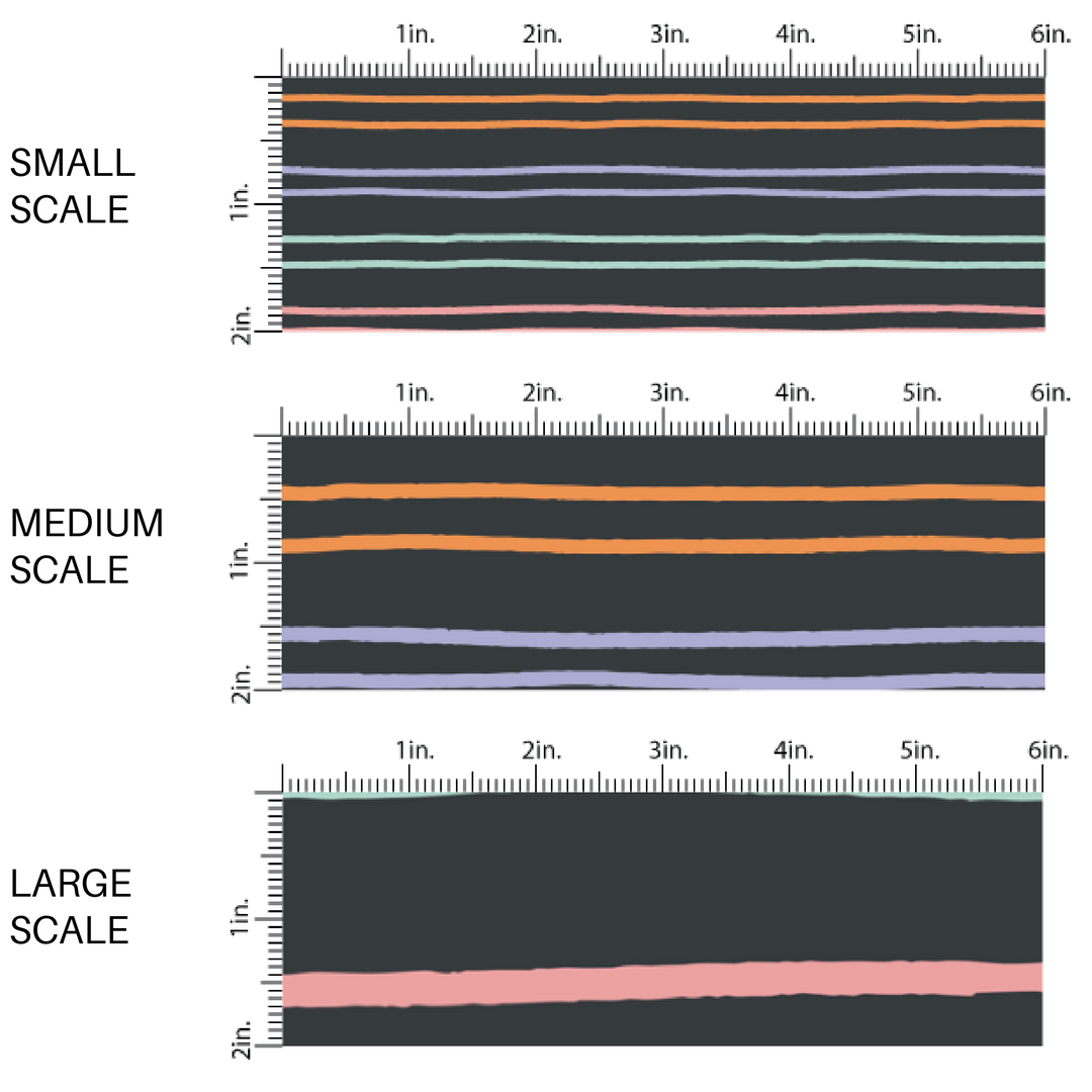 This scale chart of small scale, medium scale, and large scale of these Halloween themed fabric by the yard features orange, purple, pink, and aqua stripes on black. This fun spooky themed fabric can be used for all your sewing and crafting needs!