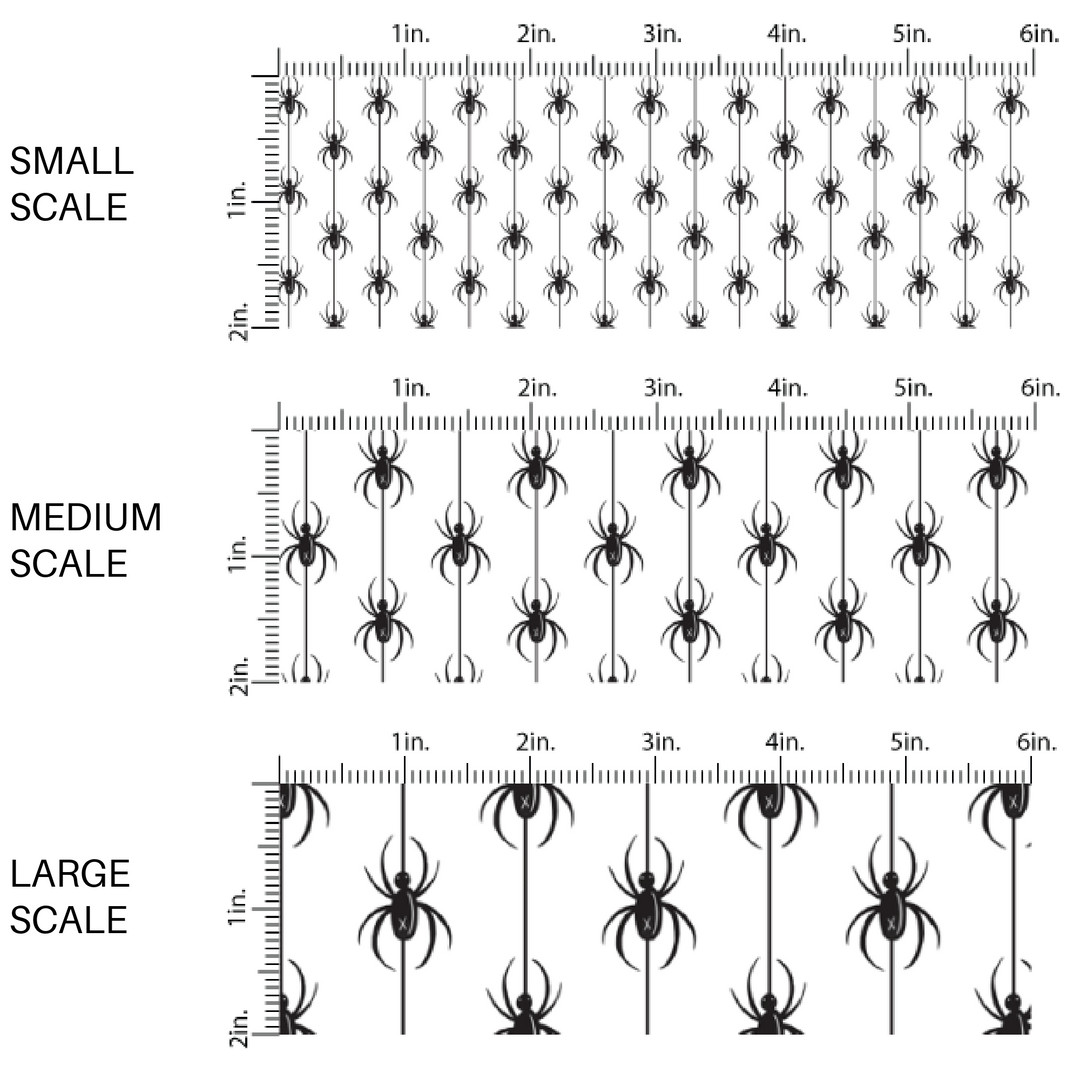 Black spiders in vertical rows on white fabric by the yard scaled image guide.