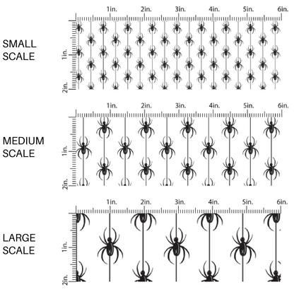 Black spiders in vertical rows on white fabric by the yard scaled image guide.