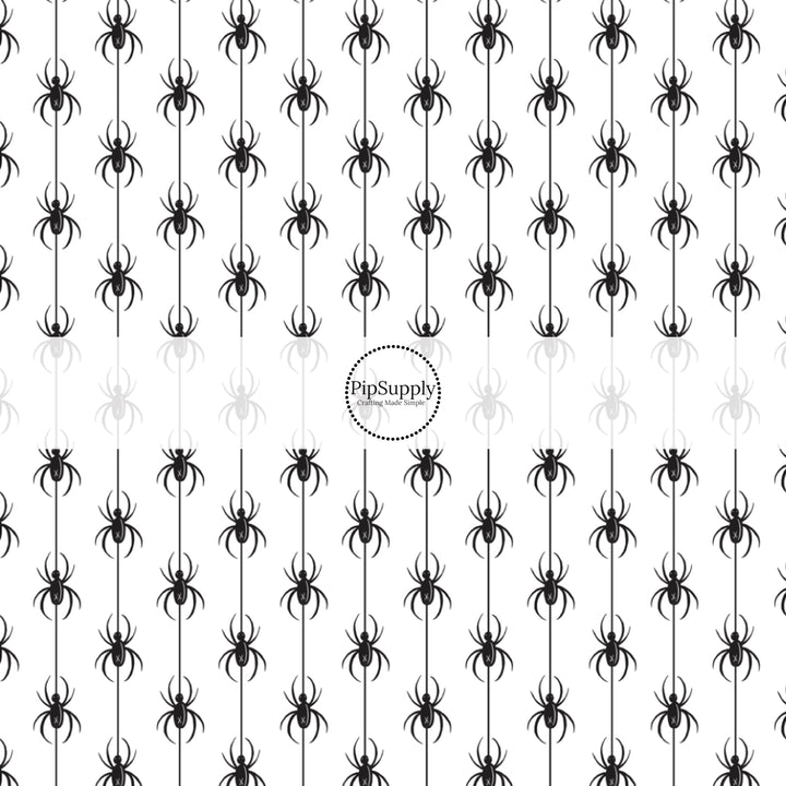 Black spiders in vertical rows on white fabric by the yard.