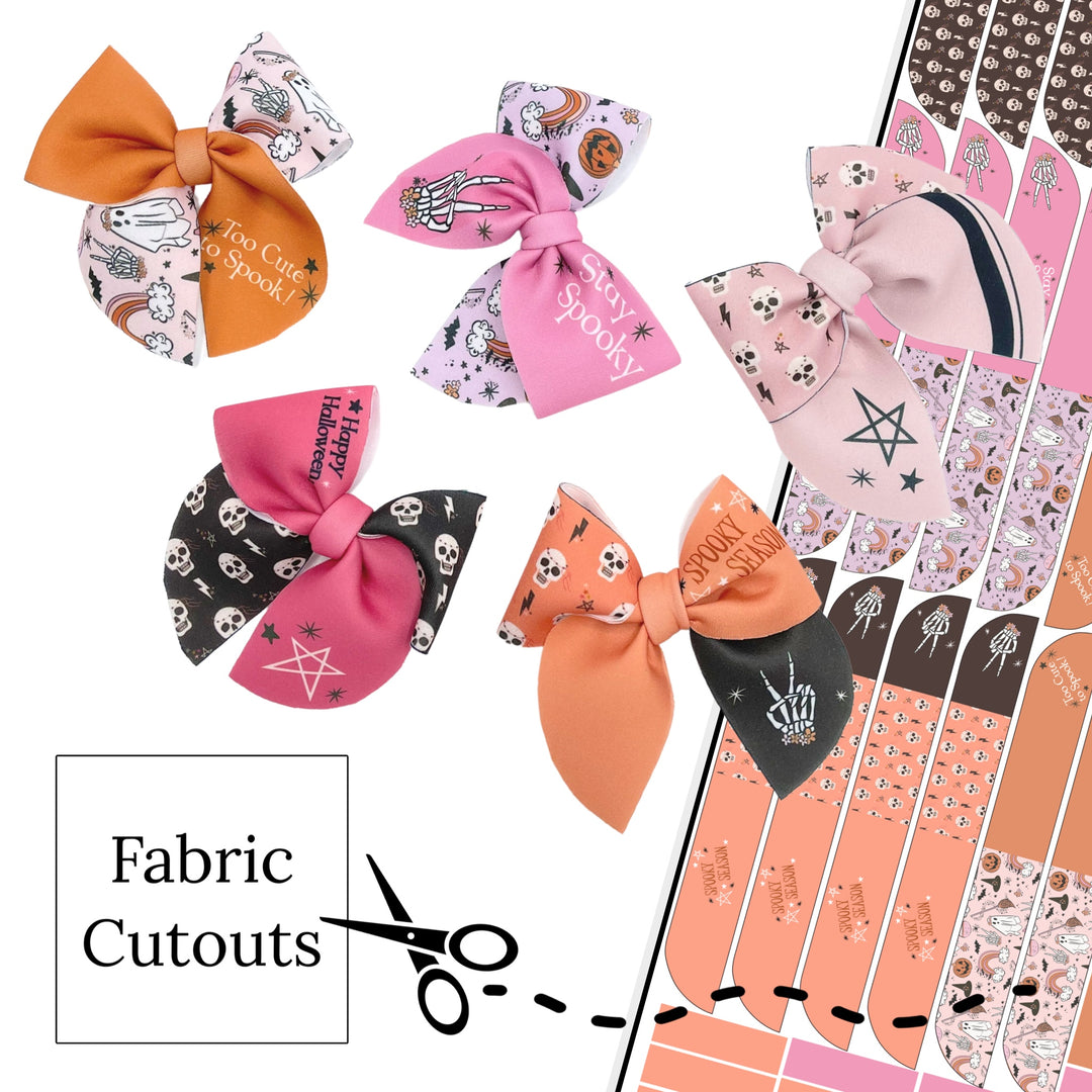 Pink and Orange halloween skeletons and rainbows printed on neoprene as a sailor bow template