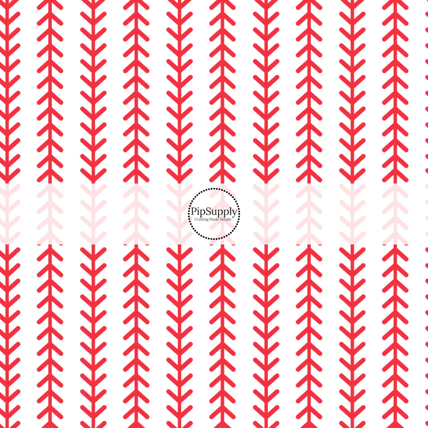 White fabric by the yard with a vertical red baseball stitching print.