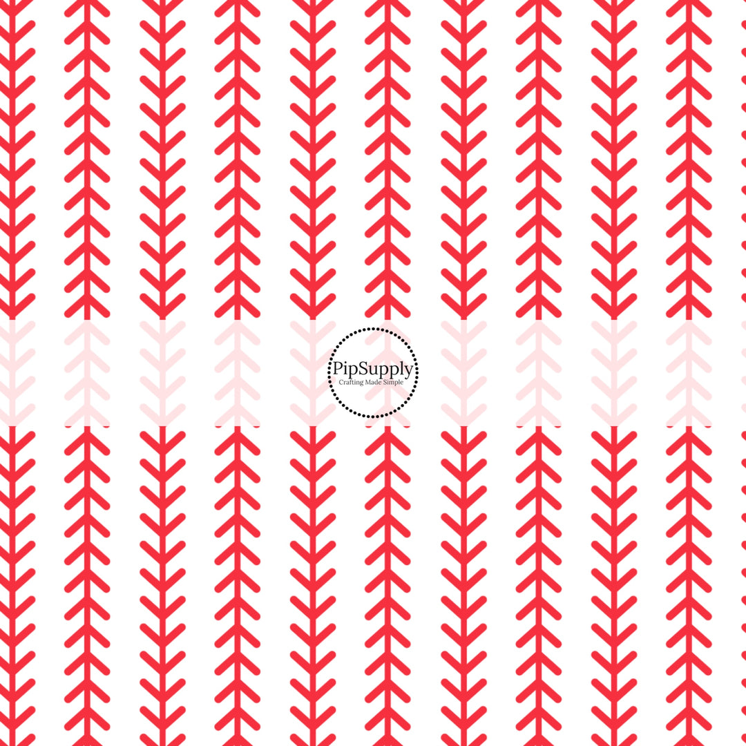 White fabric by the yard with a vertical red baseball stitching print.