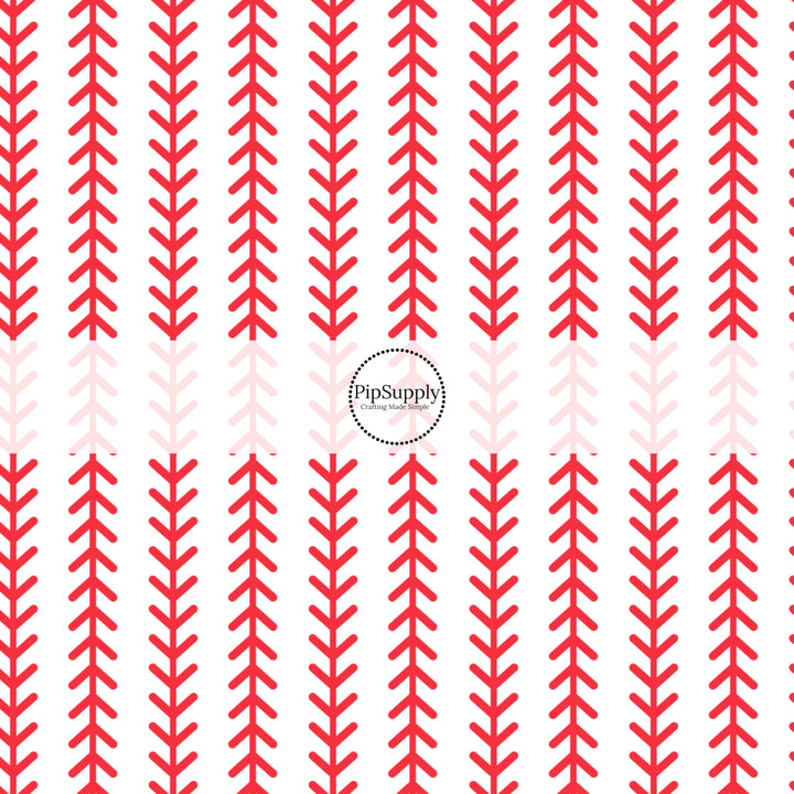 White fabric by the yard with a vertical red baseball stitching print.