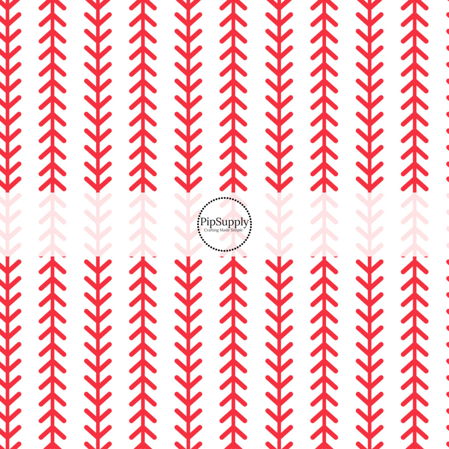 White fabric by the yard with a vertical red baseball stitching print.