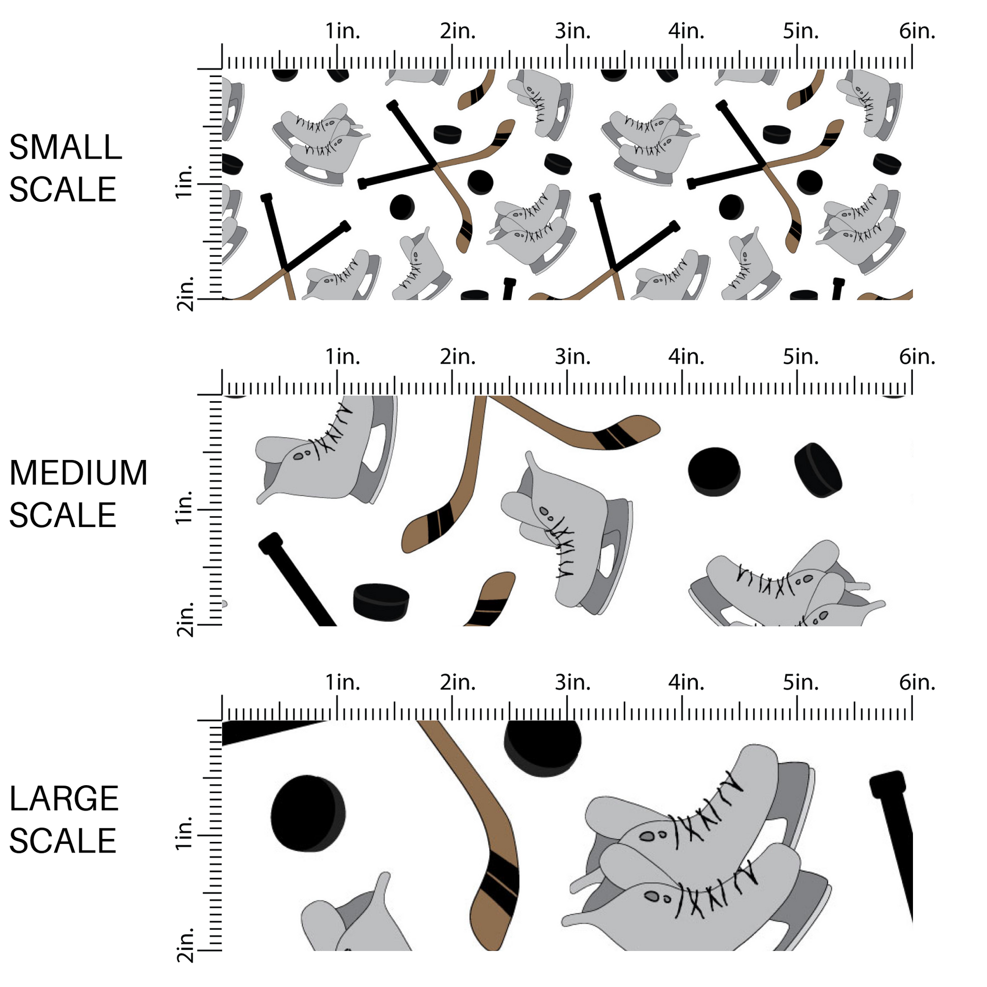 White fabric by the yard scaled image guide with gray hockey skates, brown hockey sticks, and black hockey pucks.