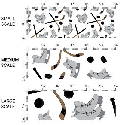 White fabric by the yard scaled image guide with gray hockey skates, brown hockey sticks, and black hockey pucks.