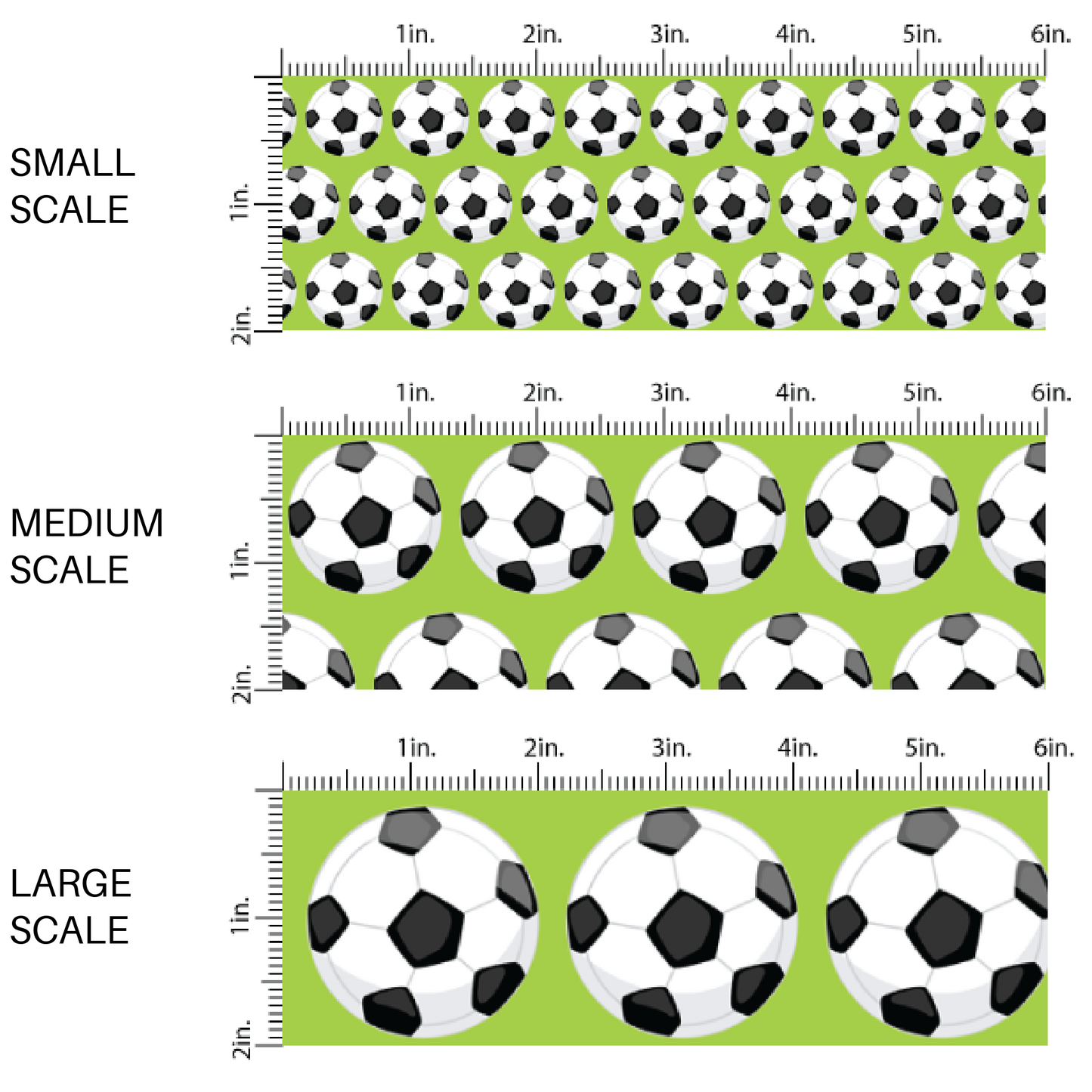 Green fabric by the yard scaled image guide with white and black scattered soccer balls.