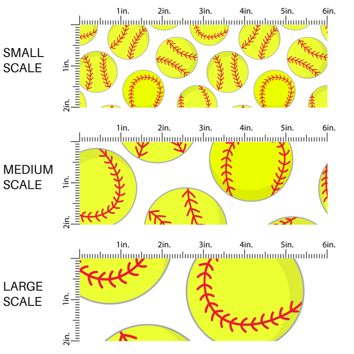 Yellow softballs with red stitching on white fabric by the yard scaled image guide.