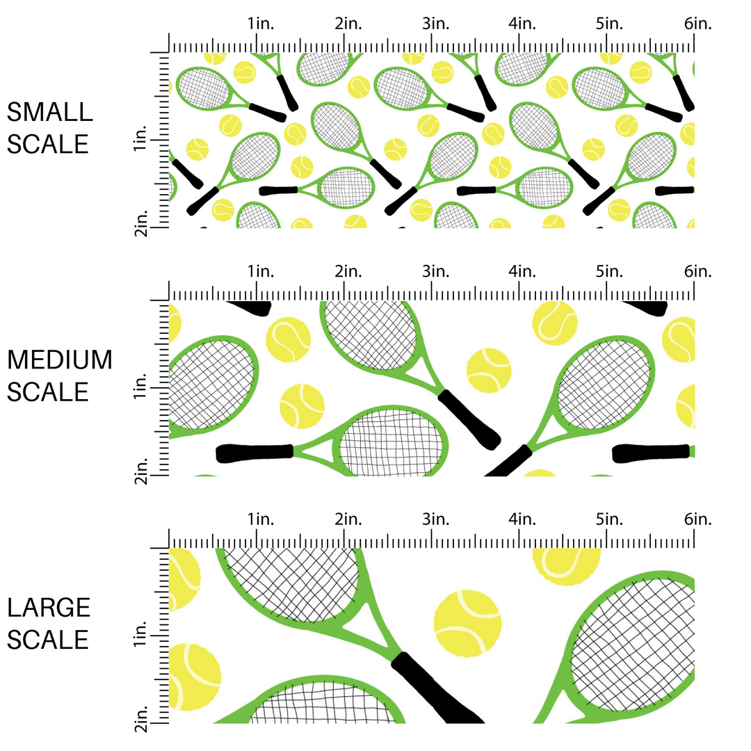 Yellow tennis balls and green tennis rackets on white fabric by the yard scaled image guide.