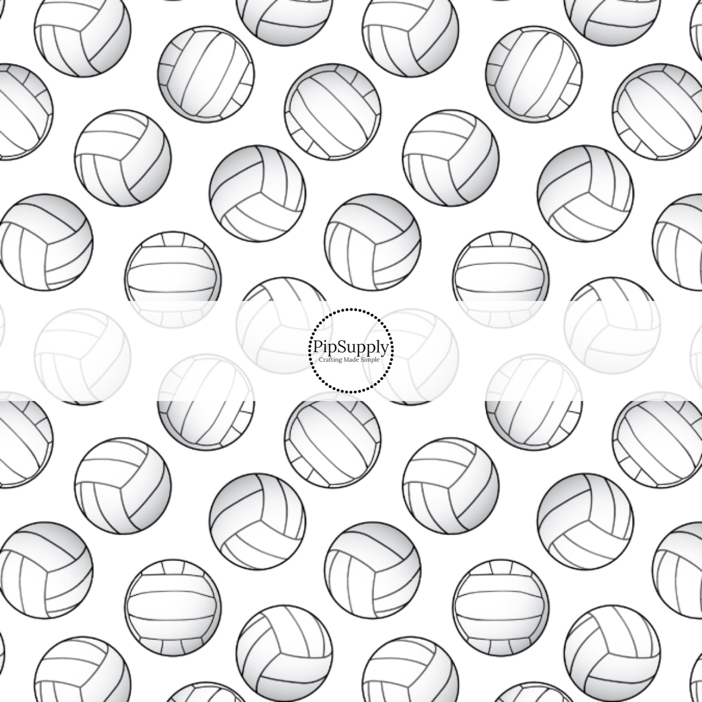 White and black volleyballs on white fabric by the yard.