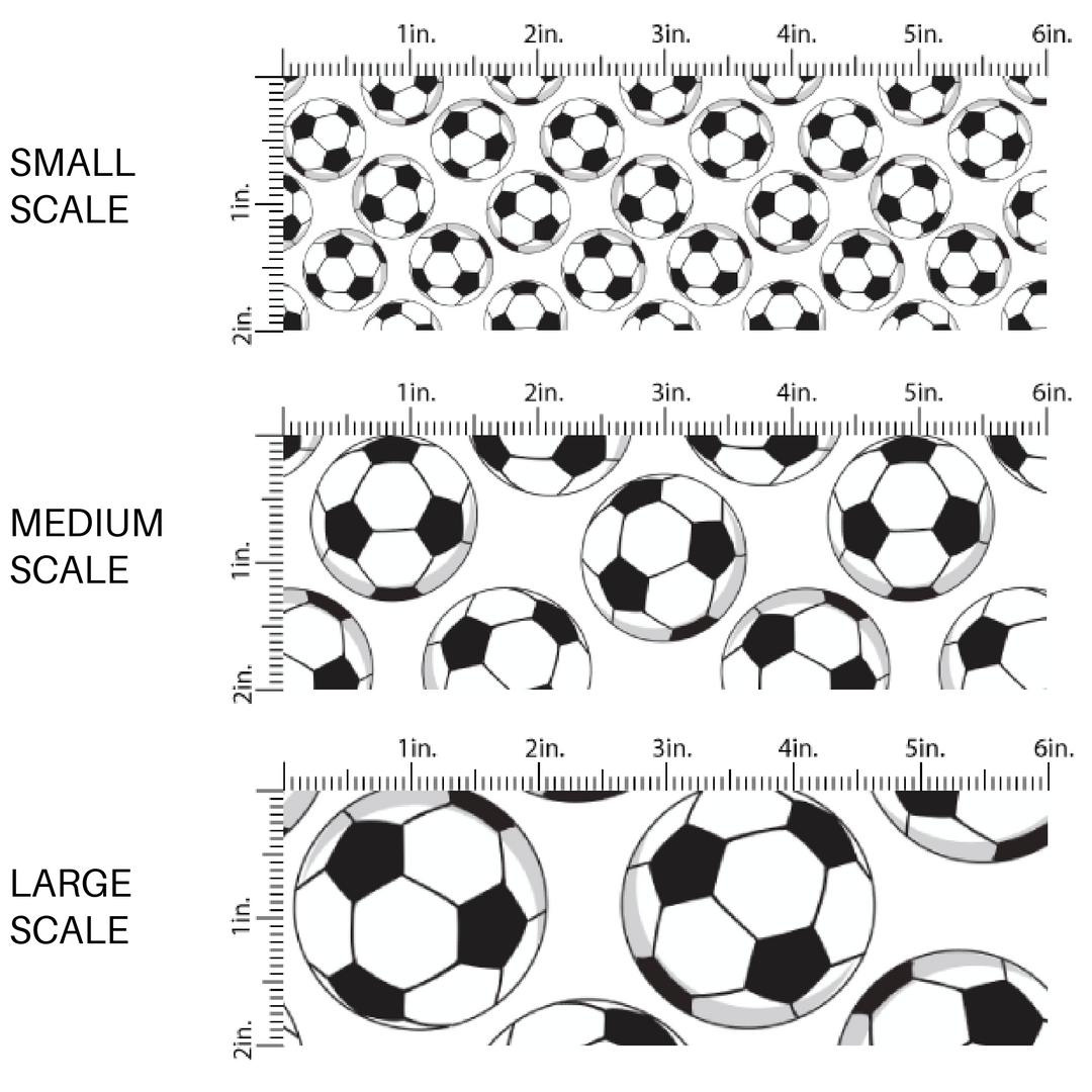 Black and white scattered soccer balls on white fabric by the yard scaled image guide.