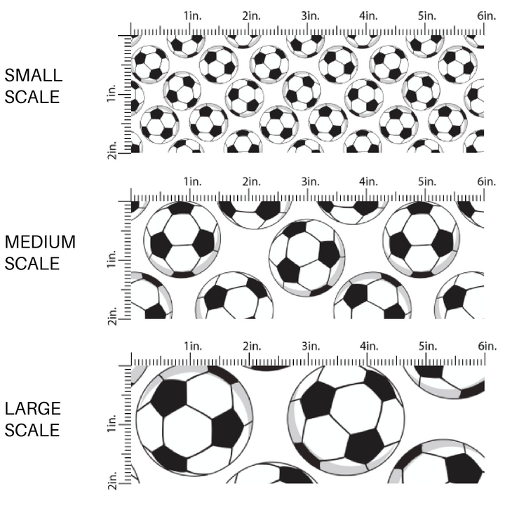 Black and white scattered soccer balls on white fabric by the yard scaled image guide.