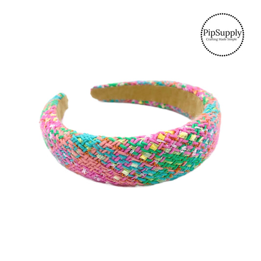 These bright multi colored soft padded headbands are a stylish hair accessory and have the on and off ease of a headband. These spring tweed headbands are a perfect simple and fashionable answer to keeping your hair back! 