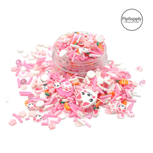 This pink and cream clay slices mix is versatile for many craft projects. This Easter mix has sprinkles, beads, rhinestones, and clay bunny footprints, bunnies, carrots, and flowers. You can use it to add sparkle and decoration to resin projects, filling for shaker bows, slime making, party decor, scrapbooking, card making and nail art. 