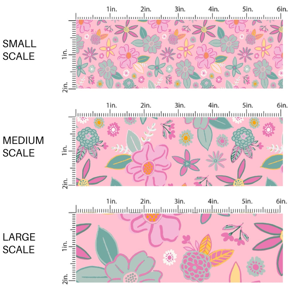 This scale chart of small scale, medium scale, and large scale of this beach fabric by the yard features floral flowers on pink. This fun themed fabric can be used for all your sewing and crafting needs!