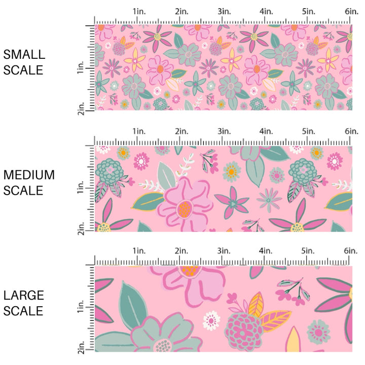 This scale chart of small scale, medium scale, and large scale of this beach fabric by the yard features floral flowers on pink. This fun themed fabric can be used for all your sewing and crafting needs!