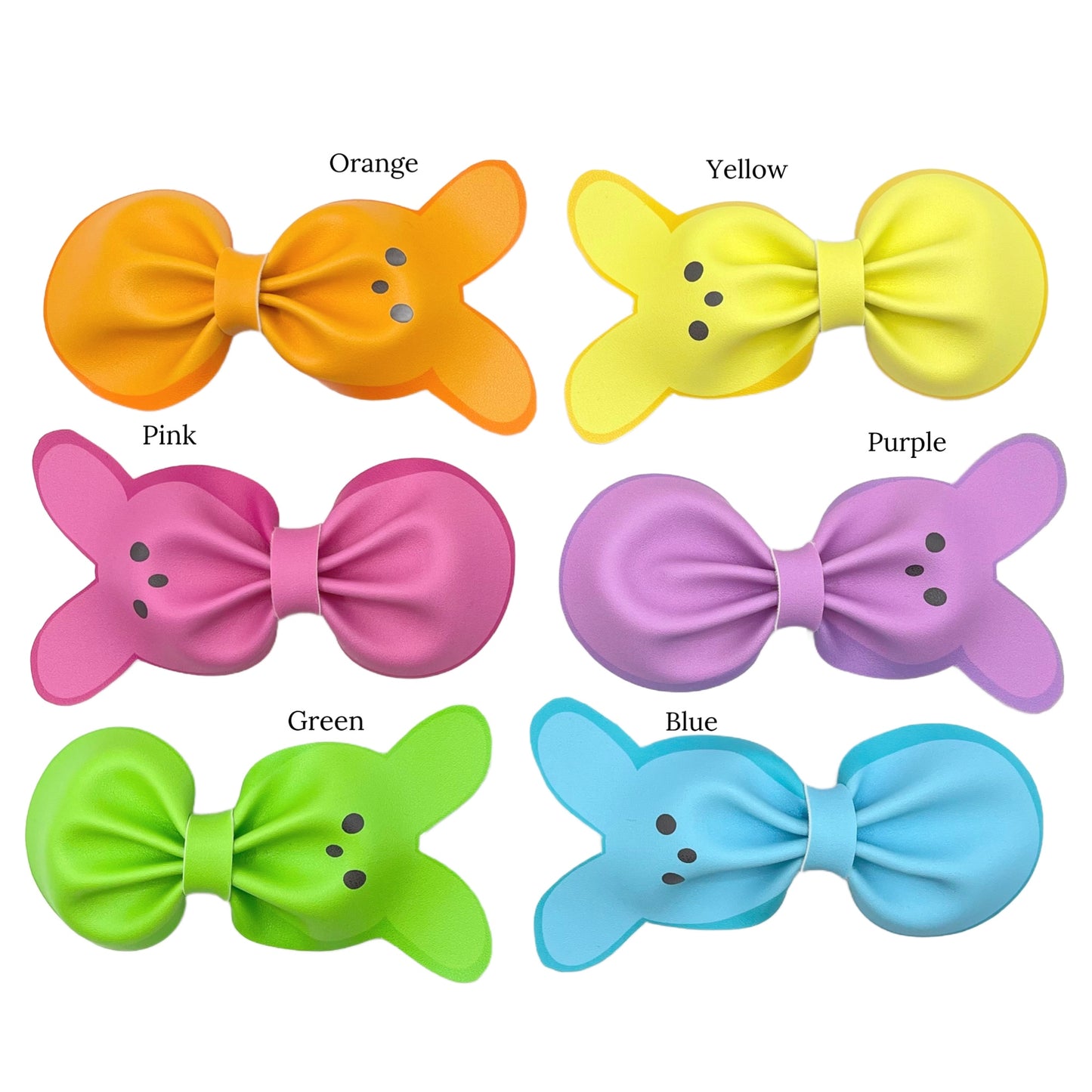 faux leather marshmallow bunnies on faux leather in pink purple orange yellow green and blue