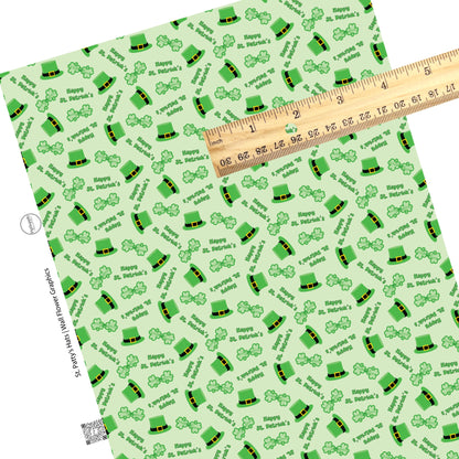 These St. Patrick's Day pattern themed faux leather sheets contain the following design elements: green shamrocks and hats on green. Our CPSIA compliant faux leather sheets or rolls can be used for all types of crafting projects.