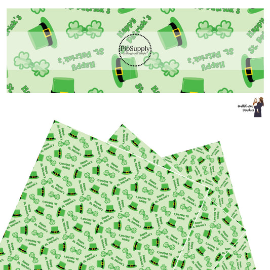 These St. Patrick's Day pattern themed faux leather sheets contain the following design elements: green shamrocks and hats on green. Our CPSIA compliant faux leather sheets or rolls can be used for all types of crafting projects.