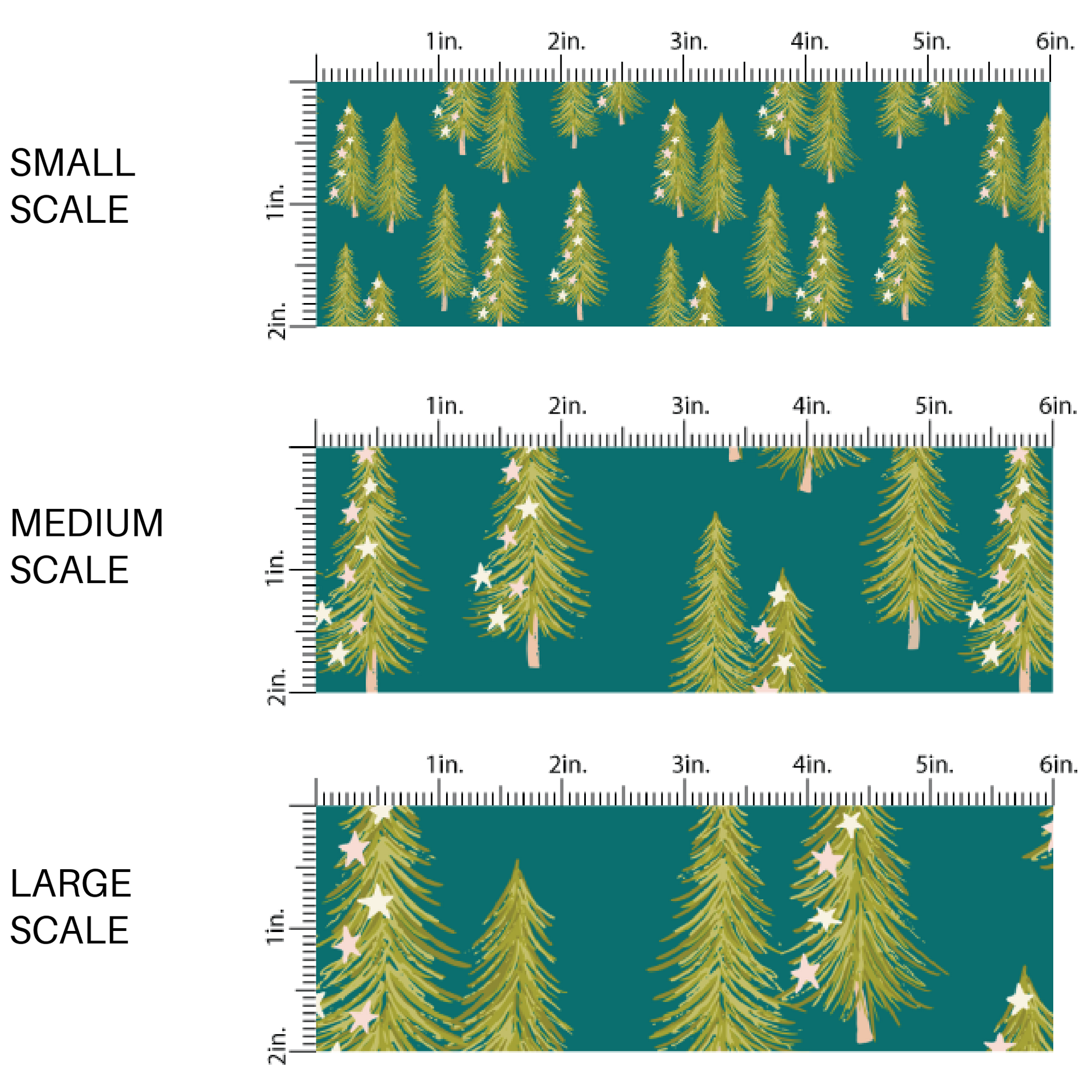 This scale chart of small scale, medium scale, and large scale of these holiday pattern themed fabric by the yard features tiny stars on Christmas trees on teal. This fun Christmas fabric can be used for all your sewing and crafting needs!