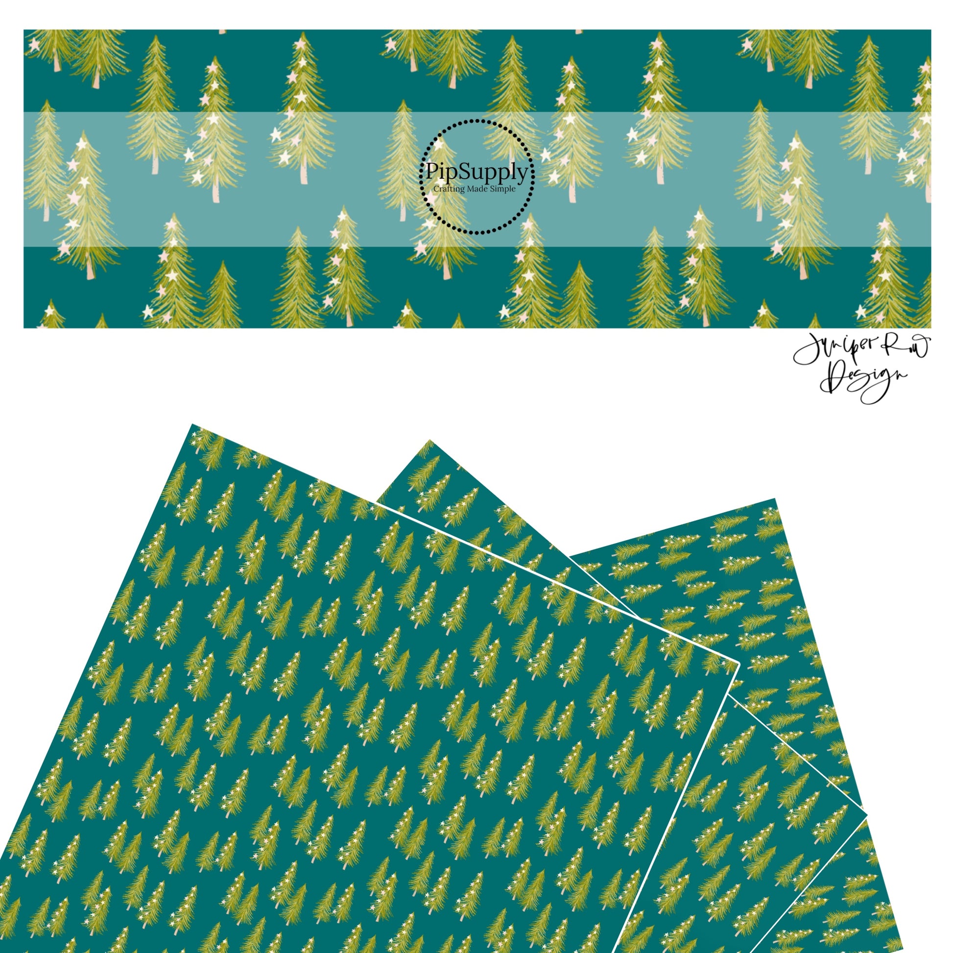 These holiday themed faux leather sheets contain the following design elements: tiny stars on Christmas trees on teal. Our CPSIA compliant faux leather sheets or rolls can be used for all types of crafting projects.