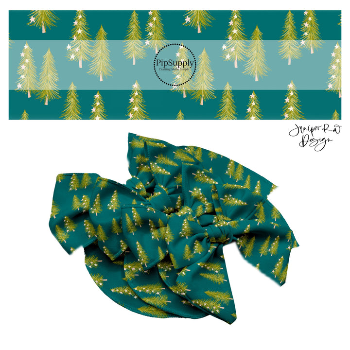 These holiday pattern themed no sew bow strips can be easily tied and attached to a clip for a finished hair bow. These Christmas bow strips are great for personal use or to sell. The bow strips features features tiny stars on Christmas trees on teal.